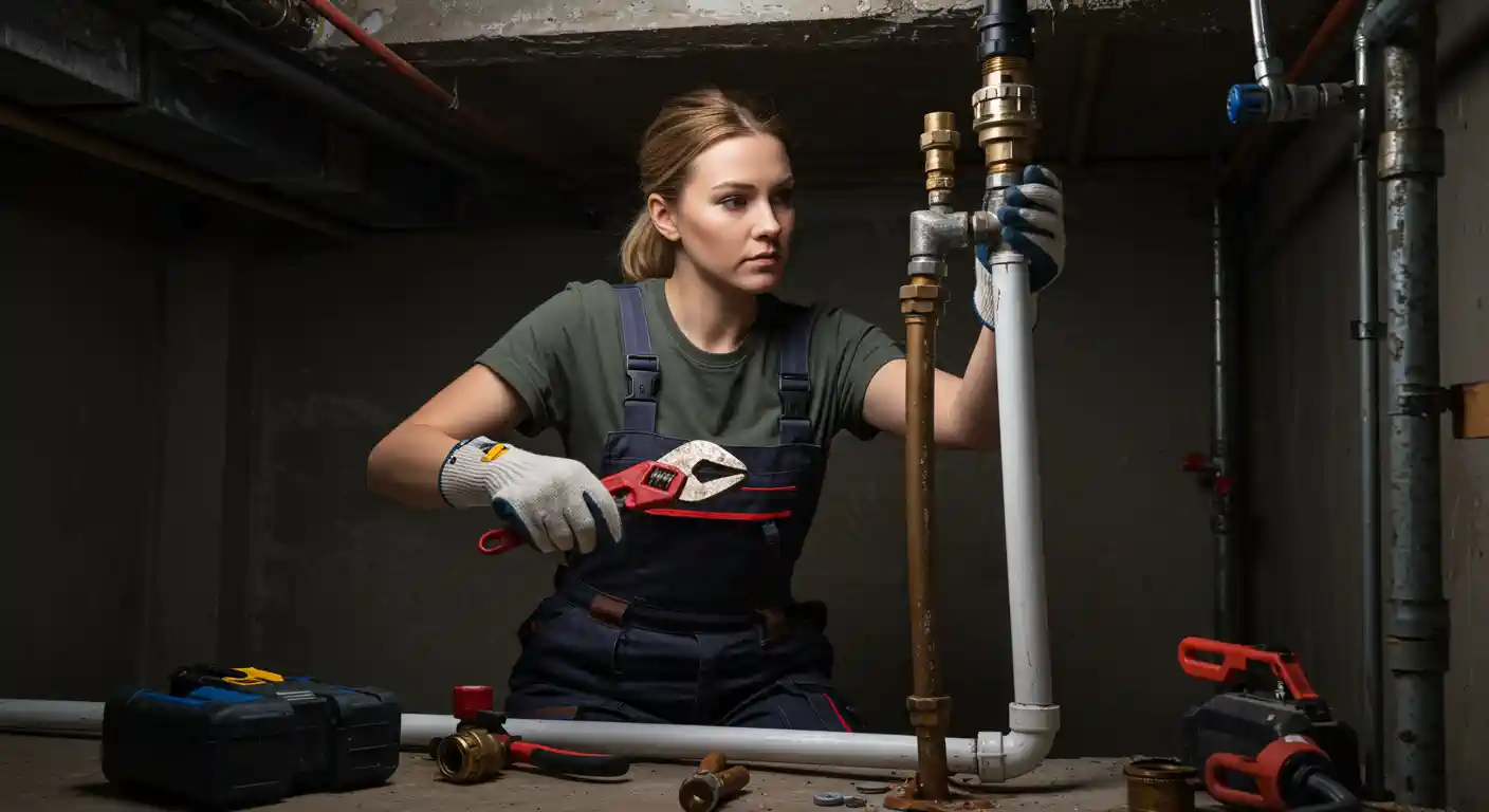 A focused female plumber in dark overalls and white work gloves is crouched down, using a red pipe wrench to work on a vertical stack of white and black pipes with brass fittings. She is in a dimly lit basement or utility room, with tools scattered on the concrete floor.