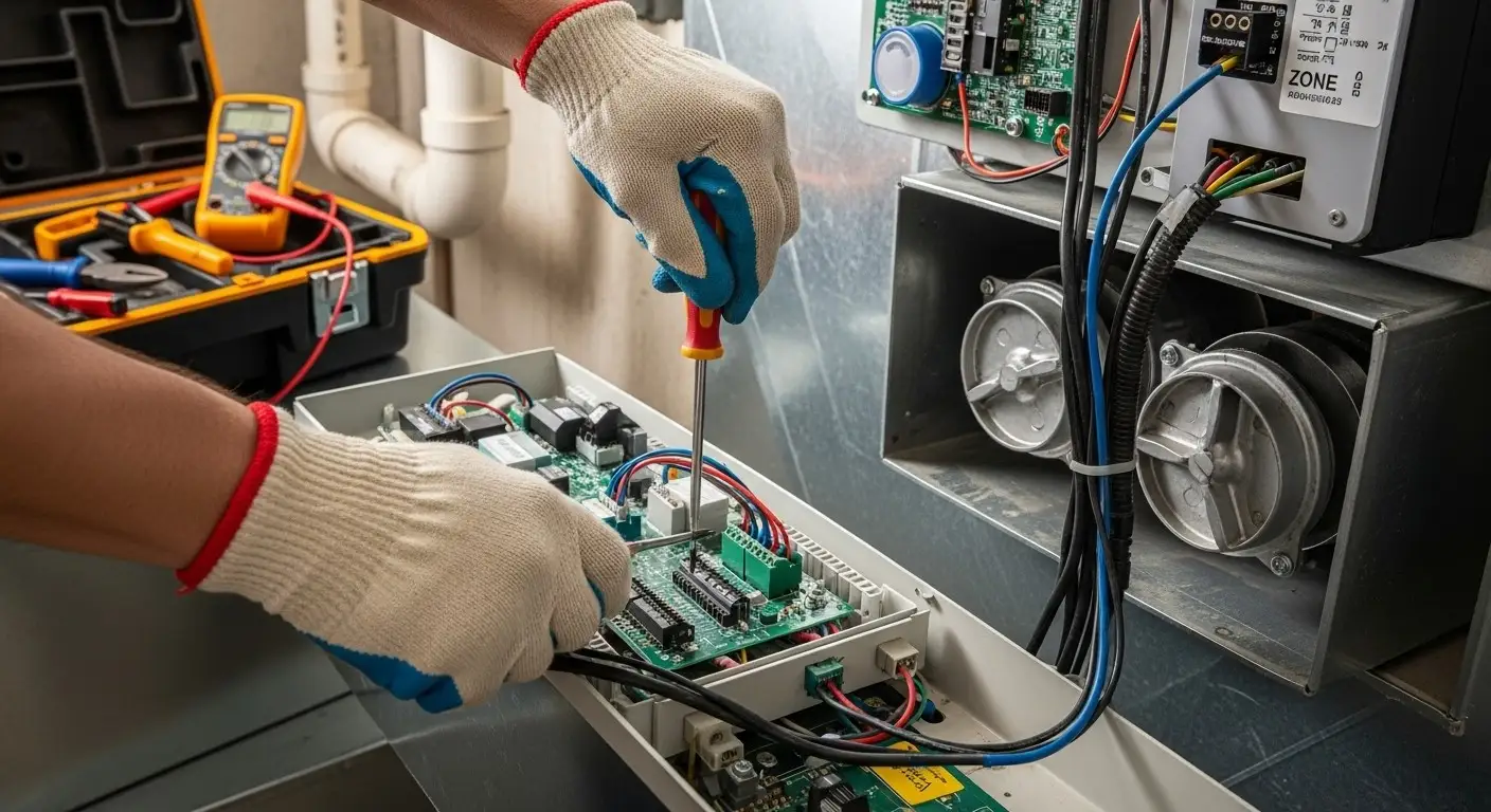Technician wiring HVAC zone control board.