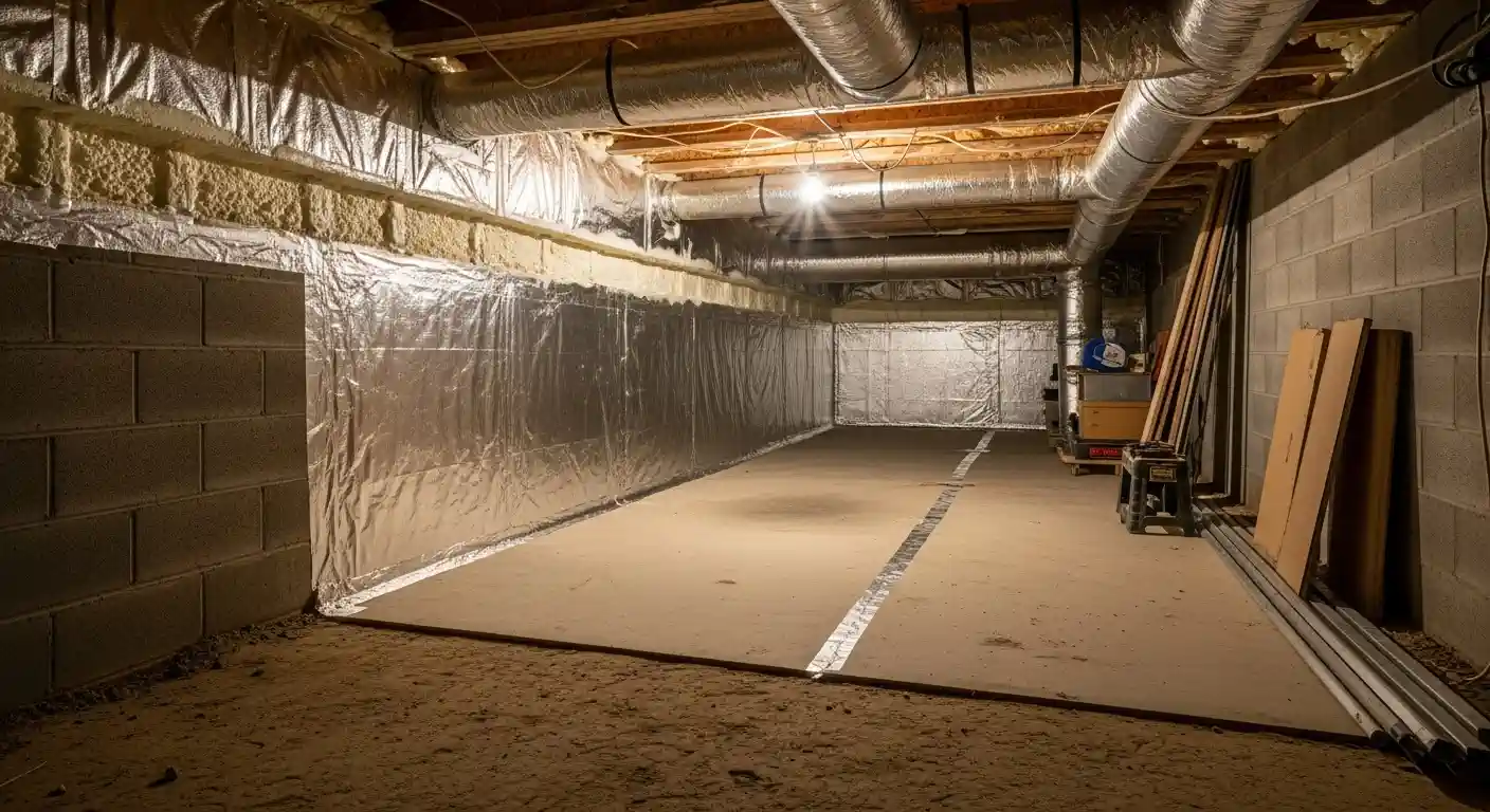 A wide-angle image of a crawl space or unfinished basement shows the walls lined with a silver, reflective insulation or vapor barrier material. The ceiling features exposed wooden joists with insulation and several runs of metal, flexible ductwork. The floor is a mix of concrete and dirt, with some construction materials leaning against the far wall. The space is illuminated by a single overhead light.