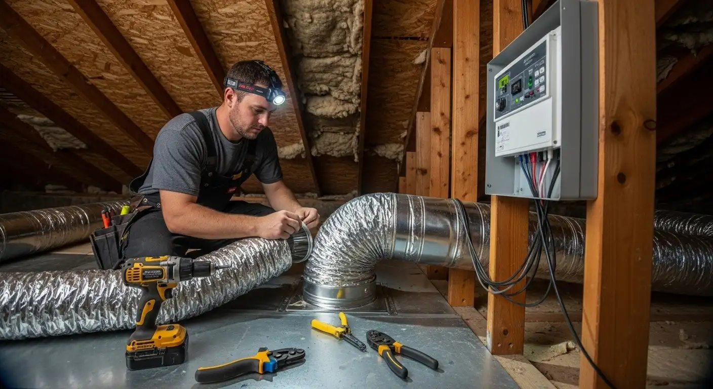HVAC technician installing ductwork in attic.