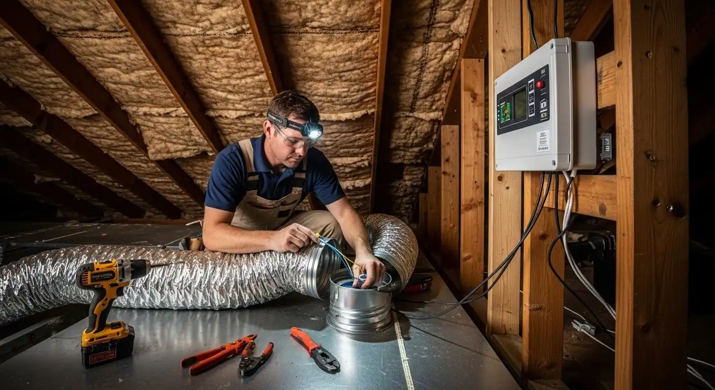 Technician connecting wires to HVAC duct.