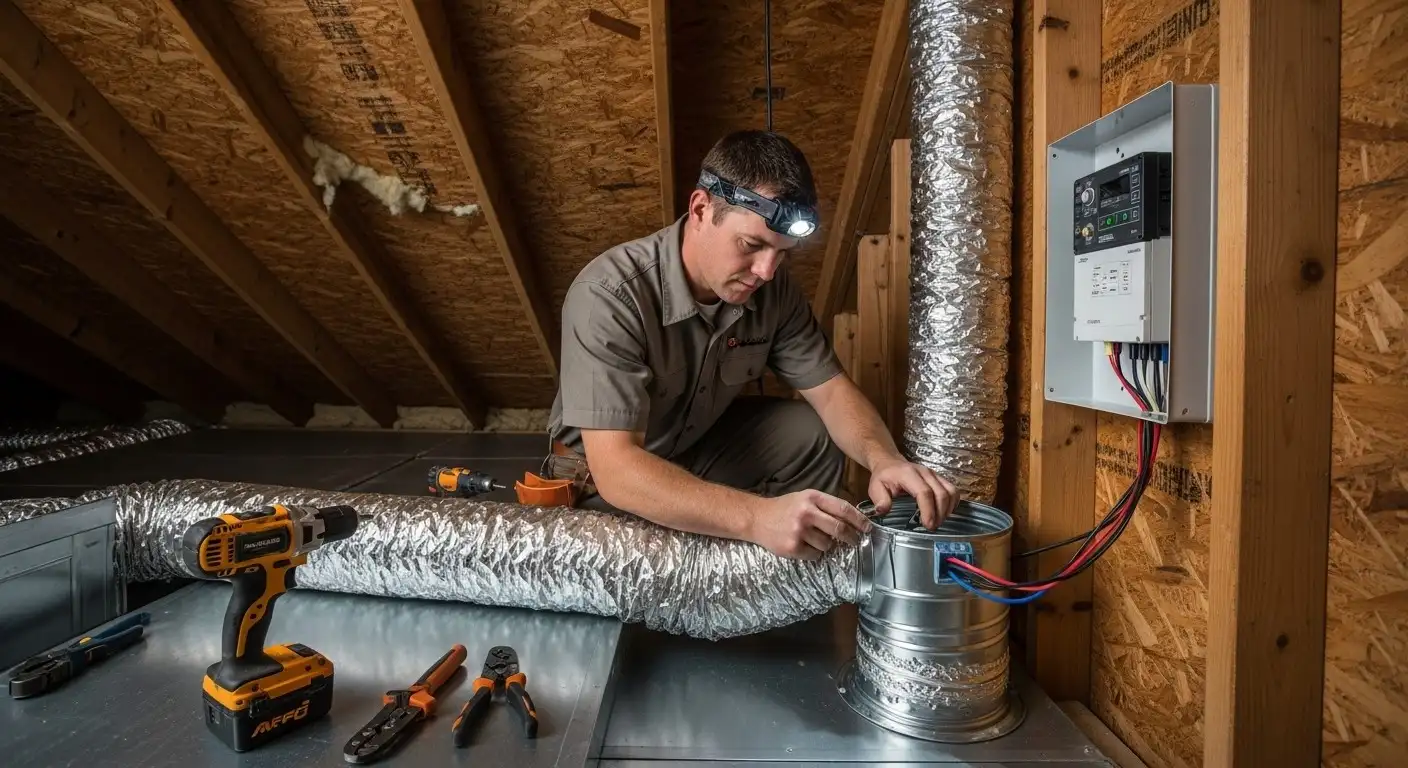 Technician connecting wires to HVAC duct.