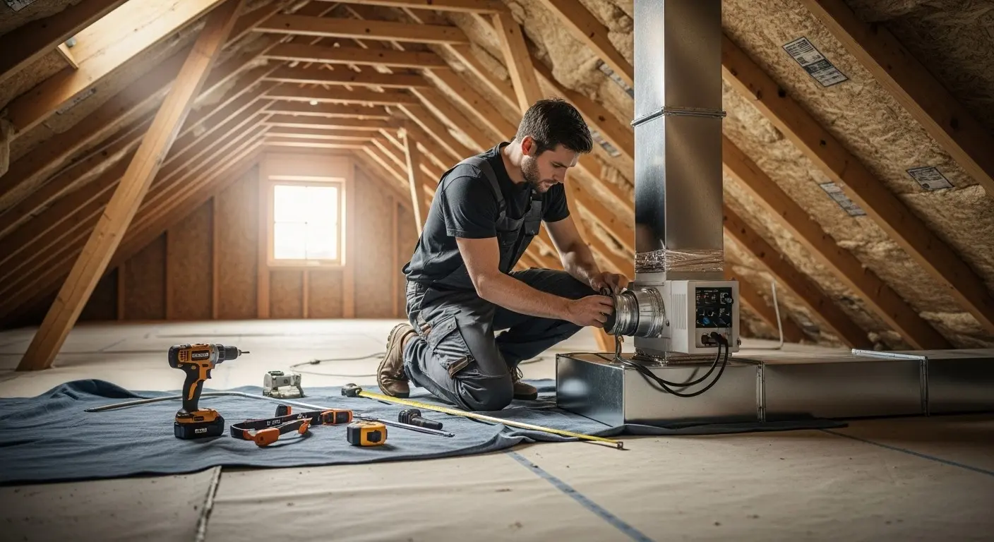 Technician installing motorized duct damper in attic.