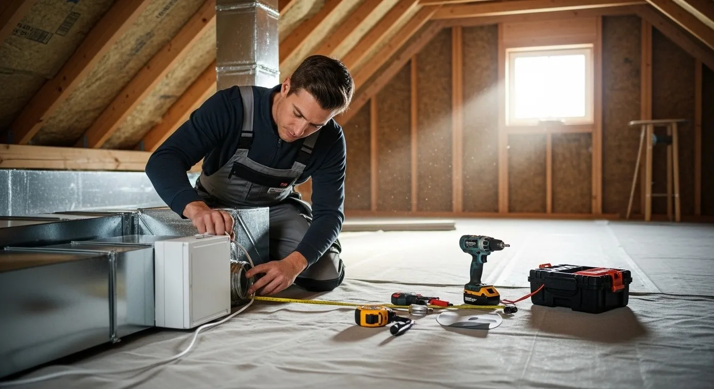 HVAC technician installing ductwork damper in attic.