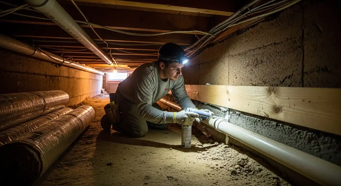 A male HVAC or construction worker, wearing a headlamp and gloves, is kneeling in a dark, narrow crawl space. He is applying caulk or sealant around a white PVC pipe that passes through a concrete foundation wall. To his left, several rolls of insulating material or ductwork are visible, and the wooden joists and piping of the subfloor are overhead.