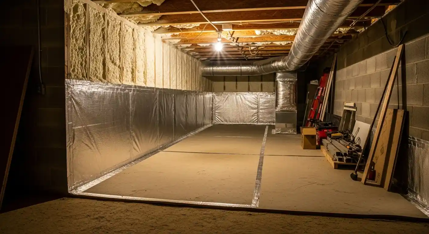 A long-exposure, wide-angle photo shows a well-lit crawl space or unfinished basement. The concrete block walls on the right and far end, and a portion of the floor, are covered in a silver, reflective vapor barrier or insulation material. The ceiling features wooden floor joists with spray foam insulation along the rim joist area, and large metal ductwork is suspended overhead. Construction debris and tools are stacked in the background.