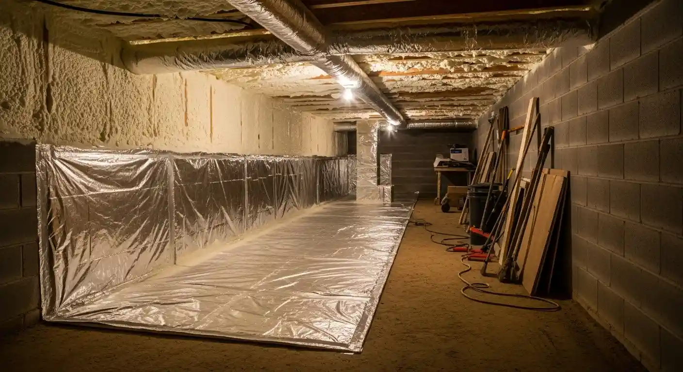 A wide-angle image of a crawl space undergoing encapsulation and insulation. The concrete block walls on the left and floor are partially covered with a silver, reflective vapor barrier. The walls above and the rim joists of the ceiling are covered in a thick layer of white spray foam insulation. Metal ductwork runs along the ceiling, and the far right shows exposed concrete block and various construction materials and tools leaning against the wall.