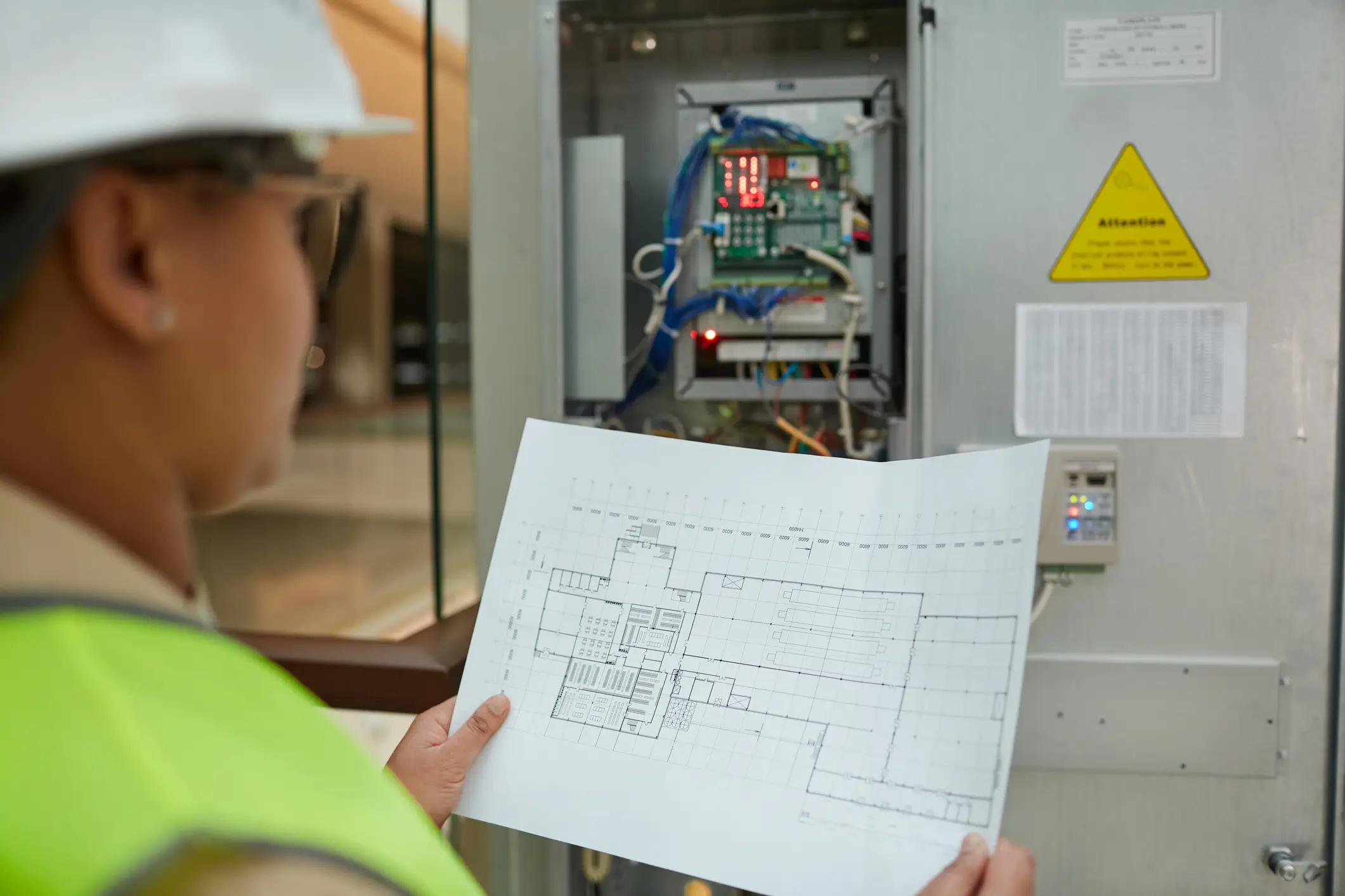 A female engineer or technician wearing a white hard hat and safety vest reviews a building blueprint or floor plan schematic in front of an open industrial control panel that has a circuit board with red lights illuminated.