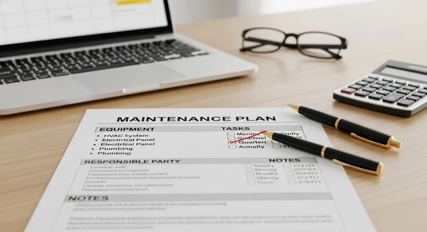  A printed Maintenance Plan checklist is visible on a wooden desk, detailing equipment (HVAC System, Electrical Panel, Plumbing) and tasks with checkboxes for monthly, quarterly, and annually. 