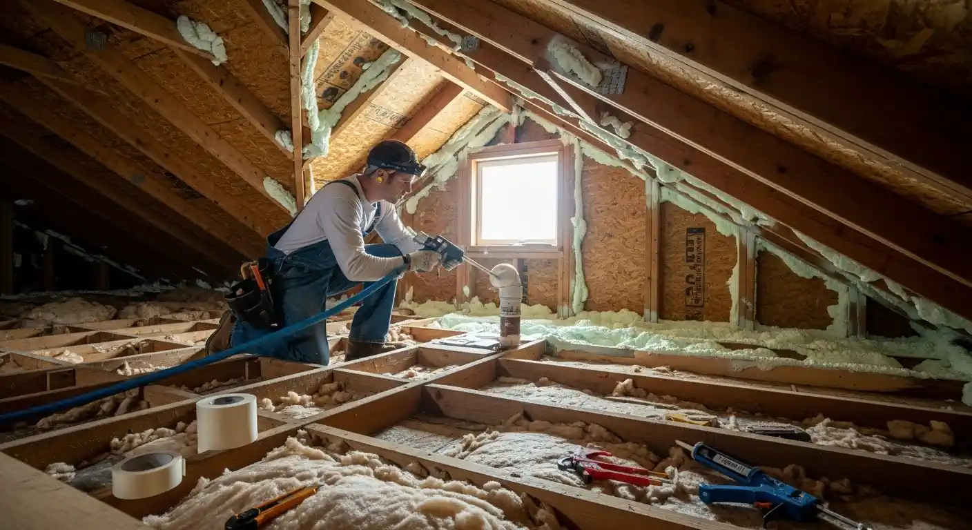  A construction worker wearing overalls and a headlamp is kneeling in an attic, applying spray foam sealant around a white pipe that extends through the floor. The attic space is framed with wooden rafters and joists, and the floor is filled with fiberglass insulation, with tools scattered nearby.