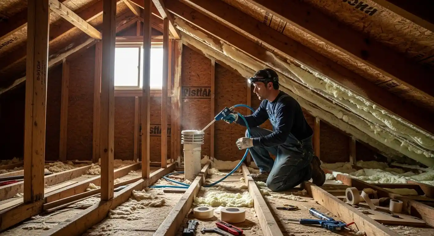  A worker in a dark shirt and jeans is kneeling in an attic, performing air sealing around a vertical vent pipe. He is using a spray foam gun to apply sealant. 