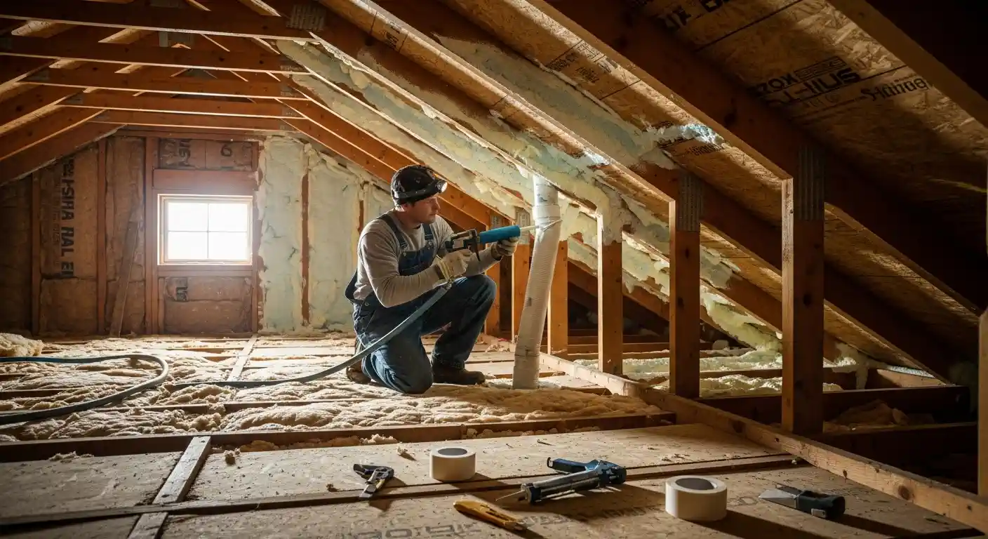 A construction worker in overalls and a headlamp is kneeling in a brightly lit attic, applying spray foam insulation to air-seal the gap around a white ventilation pipe.