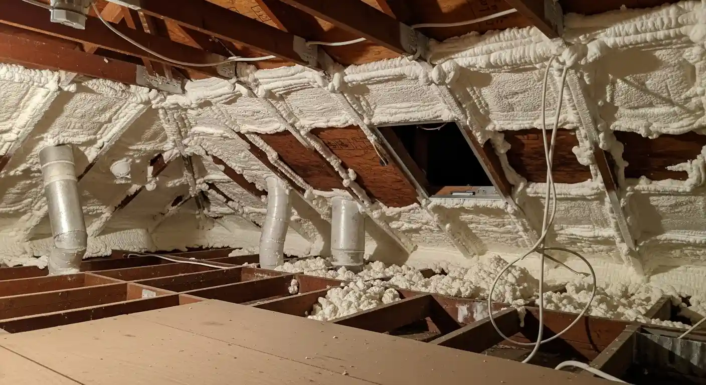 An attic is shown with spray foam insulation thickly applied to the underside of the roof deck and rafters, sealing the space. Several metal vents and pipes penetrate the roof, also sealed with foam. The wooden floor joists are exposed, and there is a small access hatch in the ceiling.