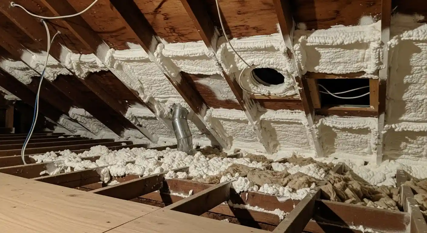 An attic space with exposed wooden rafters shows an application of white spray foam insulation to the underside of the roof deck.