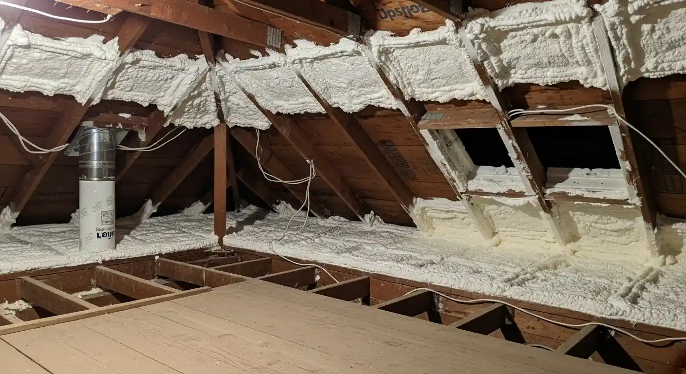 An attic space with exposed wooden rafters has been insulated with white spray foam. The foam is applied to the underside of the roof deck, sealing the envelope. A white metal ventilation pipe is visible on the left, and the floor features exposed joists with a section of plywood flooring in the foreground.