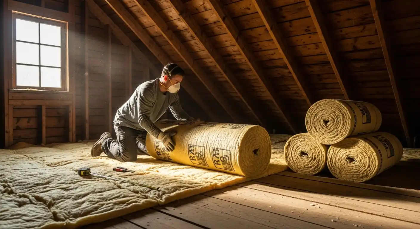 A worker, wearing a mask and gloves, is kneeling in a dusty attic with exposed wooden rafters, unrolling a large, yellow roll of fiberglass batt insulation onto the floor joists.