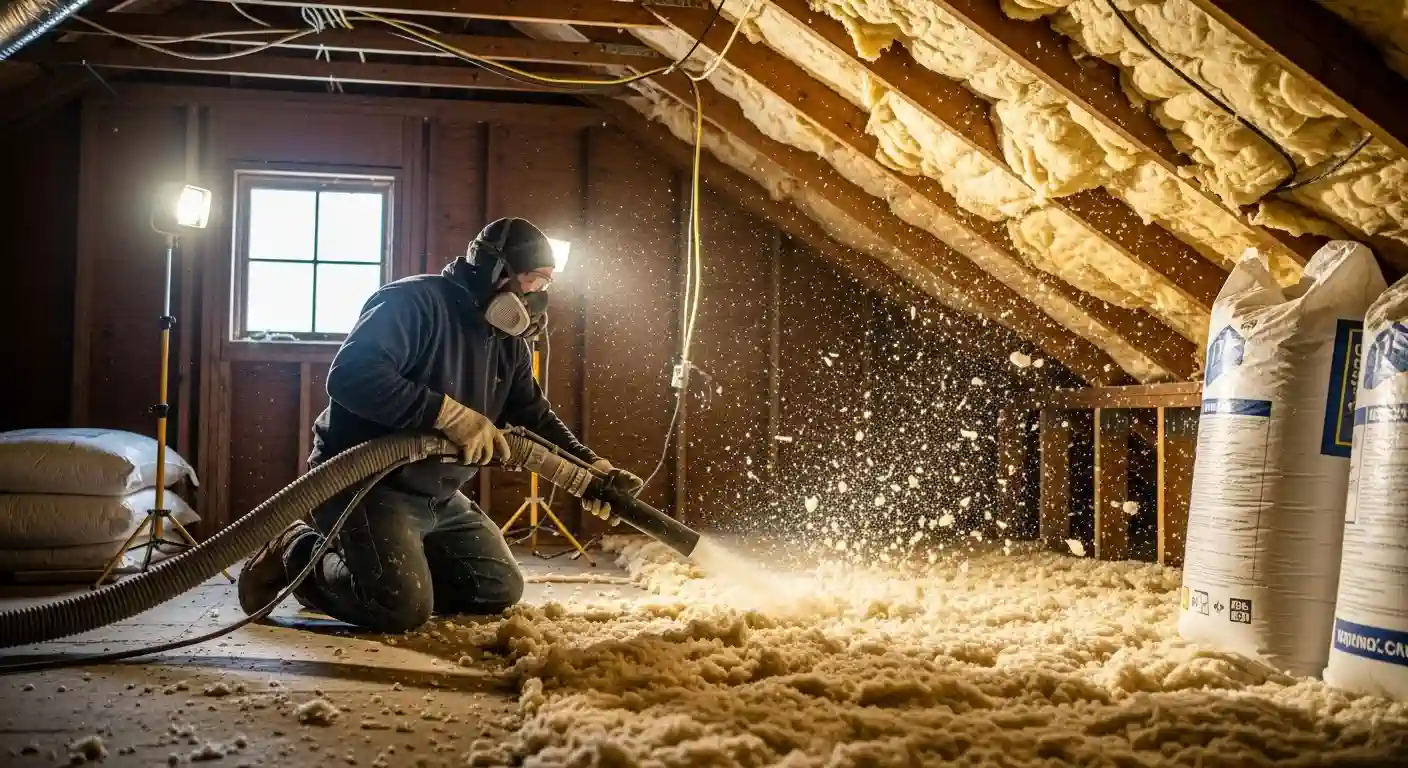 A contractor, wearing a respirator mask, goggles, and gloves, is kneeling in a wooden-framed attic to perform blown-in insulation installation. He is holding a large hose and spraying the light-colored, fluffy insulation material onto the floor, causing a cloud of dust to disperse in the air, highlighted by a work light near a window. Bags of insulation are stacked on the right, and insulation is also visible between the sloped rafters above.
