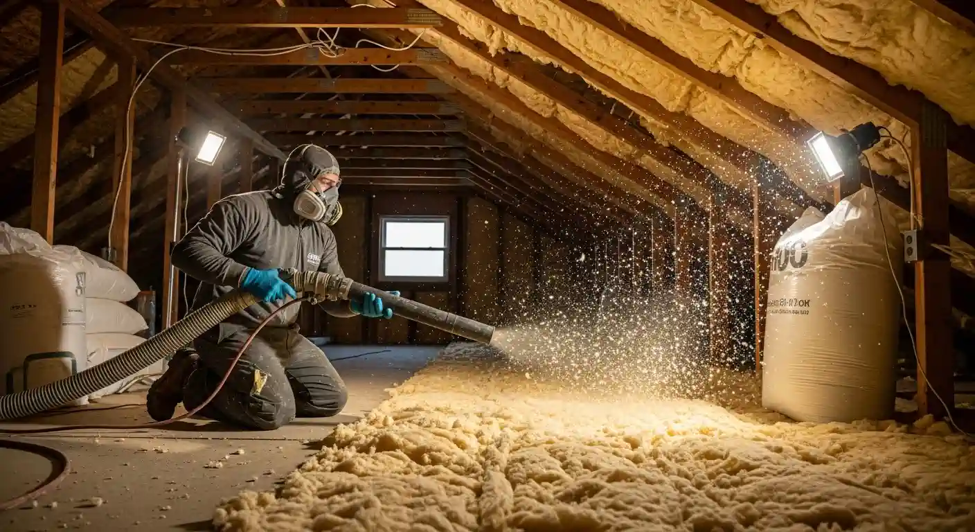 A construction worker, fully geared with a respirator mask, goggles, and a hood, is applying loose-fill insulation in an attic.