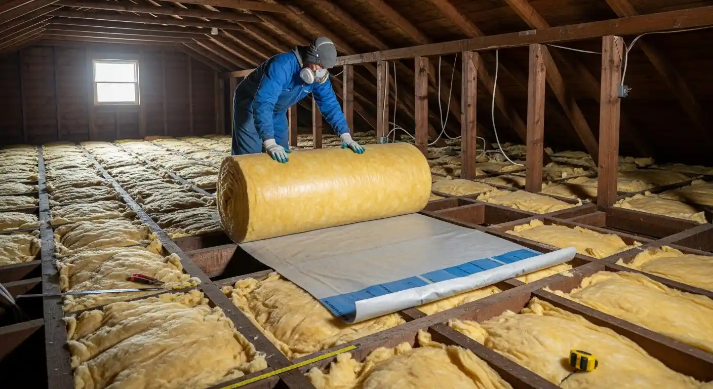 A person in a blue coverall, cap, and respirator mask is unrolling a new layer of batt fiberglass insulation over an attic floor. The new insulation roll is yellow and features a vapor barrier facing with a blue printed strip. The floor already has a layer of fluffy, yellowish insulation installed between the wooden joists. The worker is wearing gloves, and tools like a utility knife and a tape measure are visible. The attic is unfinished, with exposed wooden framing and a small window in the background.