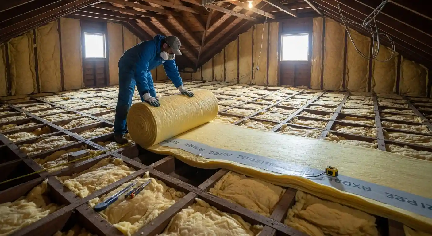 A person wearing a blue coverall, a cap, and a respirator mask is installing a new layer of rolled fiberglass insulation in a spacious attic. The worker is unrolling the yellow batt insulation, which has a white, branded facing, over the existing layer of insulation that fills the gaps between the wooden floor joists. The attic has exposed rafters, and insulation is also visible lining the sloped walls. Two small windows are visible in the background, and a utility knife and tape measure are on the floor.
