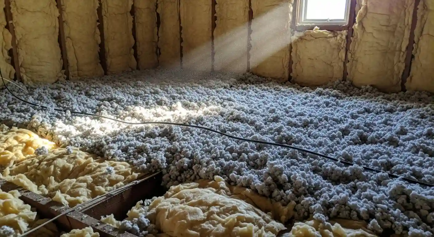 An attic floor showing a completed "top-off" insulation project. A thick, grey, loose-fill insulation (likely cellulose or blown-in fiberglass) covers the majority of the floor