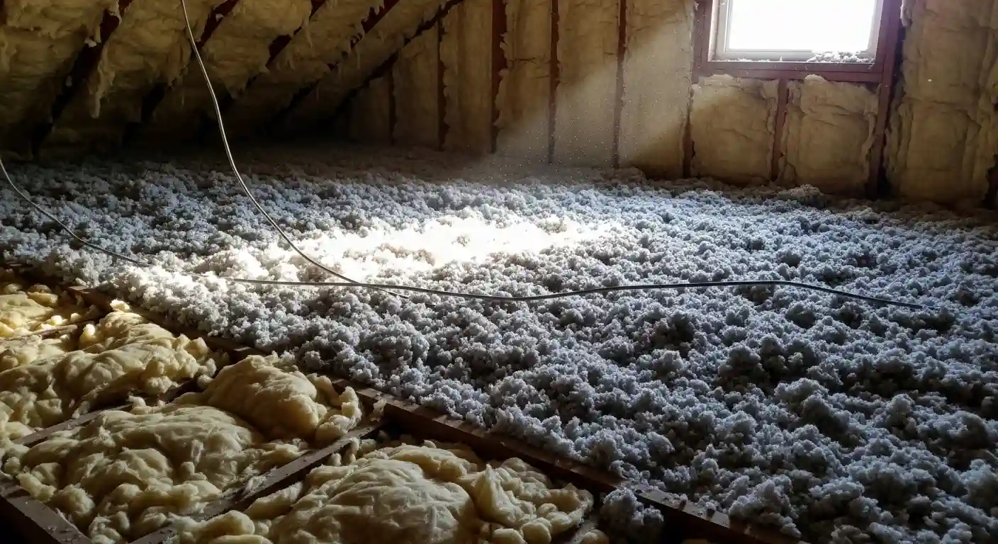 An interior view of an attic showing a newly applied layer of grey, loose-fill insulation covering the majority of the floor joists. This new layer, likely blown-in cellulose or fiberglass, is being used to "top off" an older, existing layer of yellowish foam or batt insulation visible in the foreground. The walls and rafters are also insulated with yellowish material. Sunlight streams through a small window on the right, illuminating dust particles above the fluffy grey material. A dark electrical wire runs across the insulation.