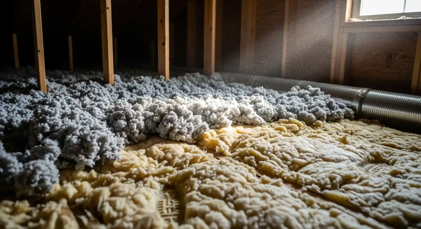 A close-up view of an attic floor showing the process of insulation "top-off". The foreground is covered with an older, compressed layer of yellowish batt or blanket insulation.
