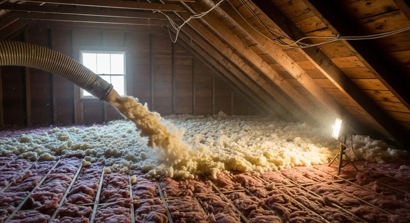  A dynamic image capturing the process of blowing loose-fill insulation into an attic. A large, flexible hose is angled down from the left, powerfully ejecting a stream of fluffy, yellowish-white insulation onto the floor.