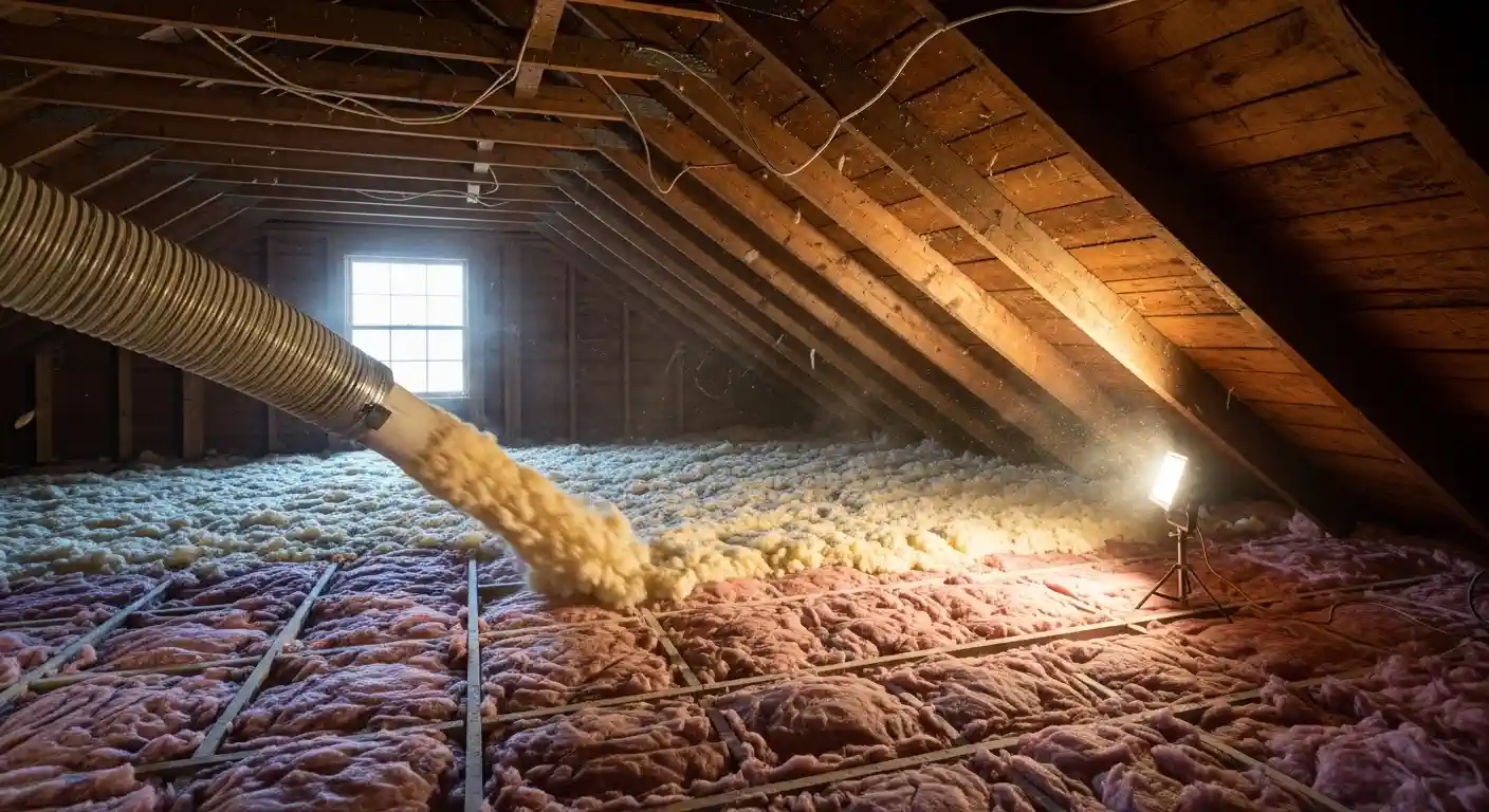 A high-contrast photo capturing the process of insulation "top-off" in an attic. A large, corrugated hose forcefully blows a stream of fluffy, yellowish-white loose-fill insulation onto the floor. This new material is being applied over a thick layer of existing pink fiberglass batt insulation visible between the wooden floor joists. A bright work light on a tripod illuminates the scene from the right, highlighting the dust-filled air and the warm tones of the exposed wooden rafters and ceiling boards. A window in the background provides natural light.