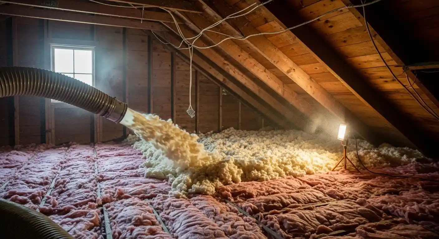 A dramatic high-contrast photograph shows a large, corrugated hose forcefully blowing a stream of fluffy, yellowish-white loose-fill insulation into an attic.