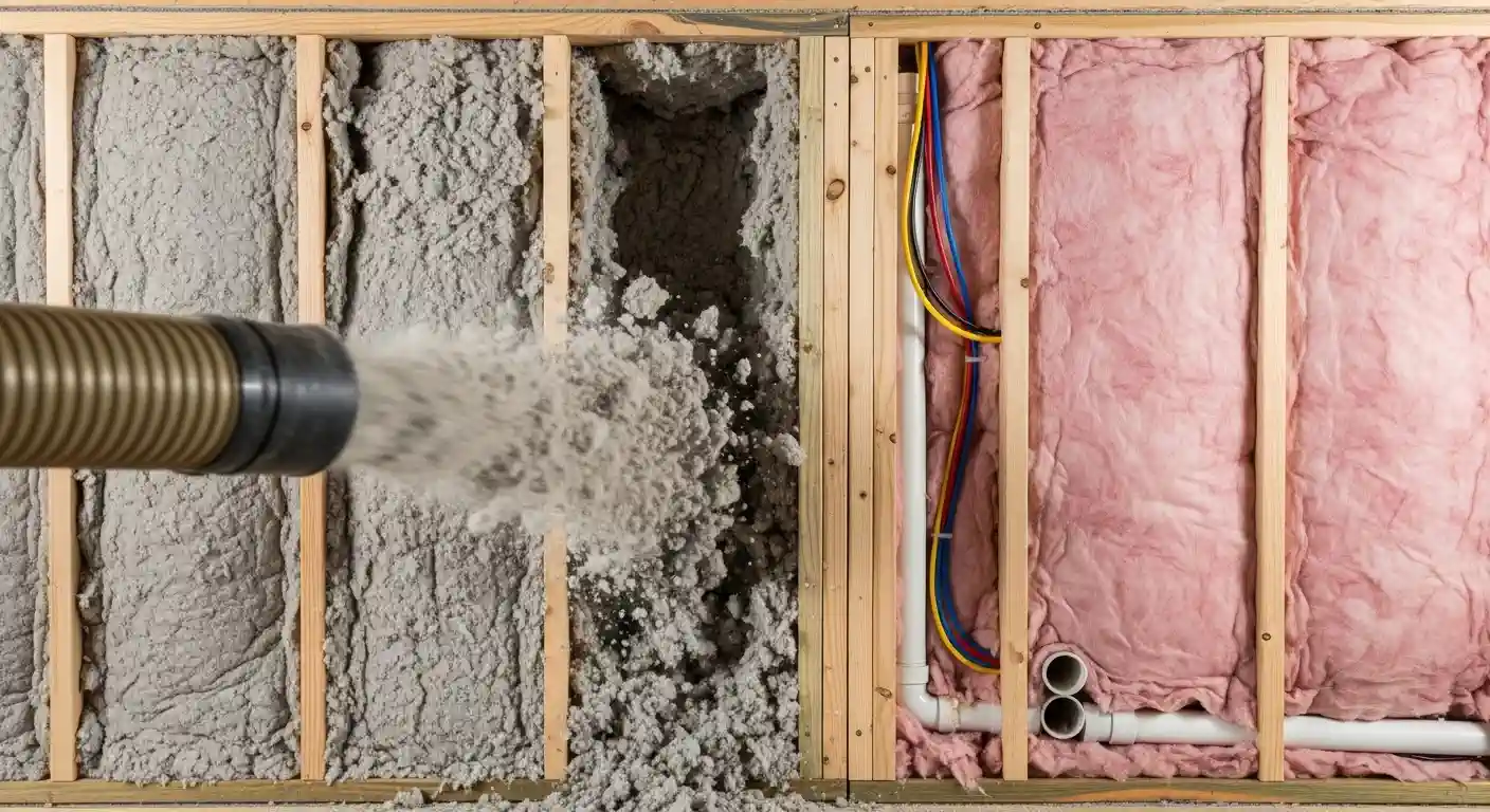 A side-by-side view of a wall cavity showing different types of insulation being installed. On the left, grey loose-fill insulation, likely blown-in cellulose or fiberglass
