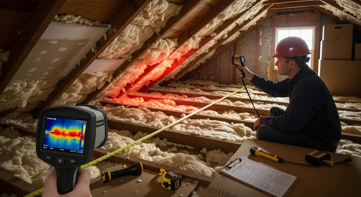 A person in an attic, wearing a dark shirt and a red hard hat, is conducting a comprehensive insulation evaluation. He is seated on the floor joists, holding a thermal camera to inspect the sloped ceiling