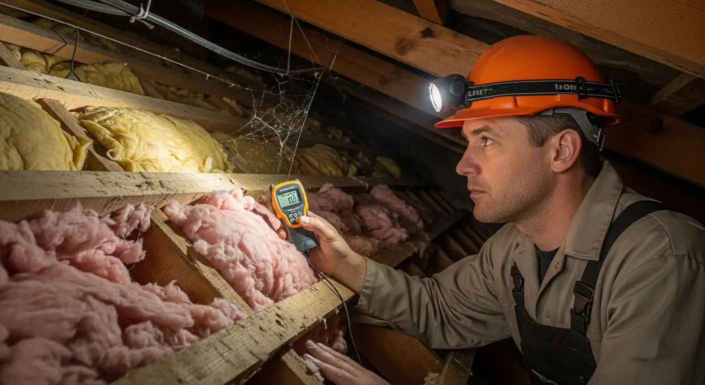 A worker, wearing an orange hard hat with a headlamp and tan overalls, is inspecting the insulation in an attic.