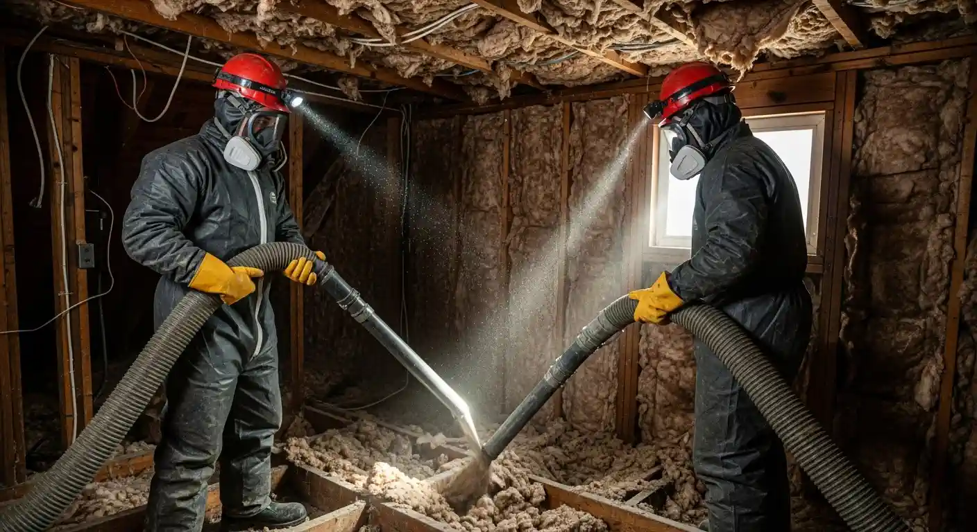  Two workers, fully geared for insulation removal, are shown in a dimly lit, unfinished space with exposed wooden framing and joists. 