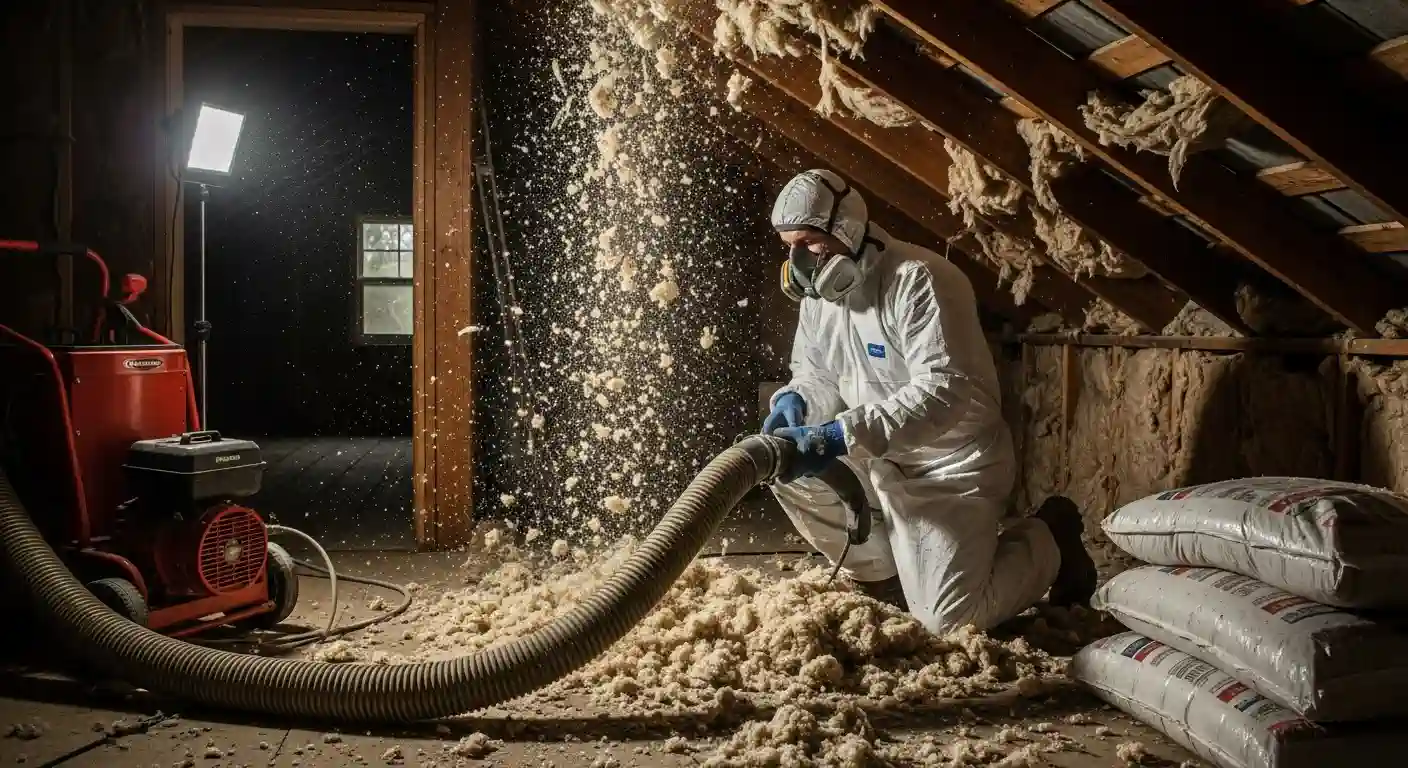 A worker is kneeling in a dimly lit attic, performing blown-in insulation removal. The worker is wearing a white disposable protective suit, a respirator mask, and blue gloves for safety.