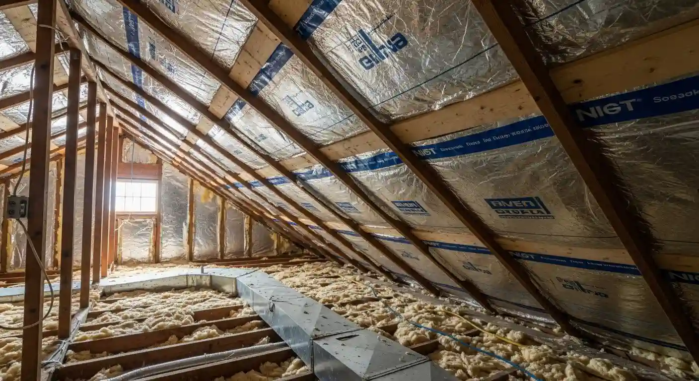  An upward-angle view inside a residential attic showing the installation of a radiant barrier (a silvery, reflective foil material) stapled beneath the roof rafters. Loose-fill insulation covers the attic floor, and a rectangular metal air duct runs across the center, indicating the space is being renovated or updated for energy efficiency.
