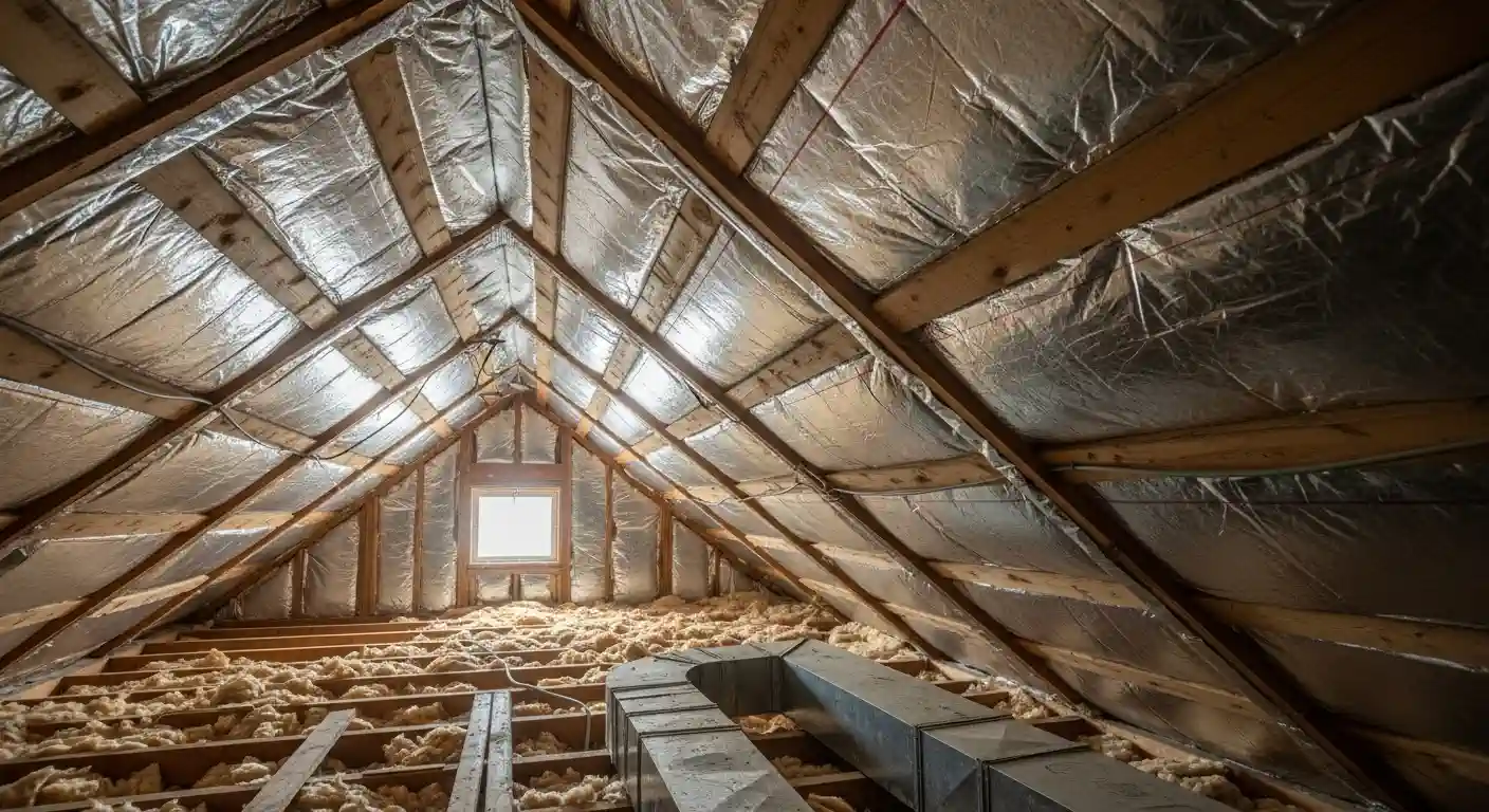 A symmetrical, low-angle shot inside a finished attic showing the peak of the roof. Radiant barrier foil is stapled across the entire underside of the roof rafters, reflecting light.