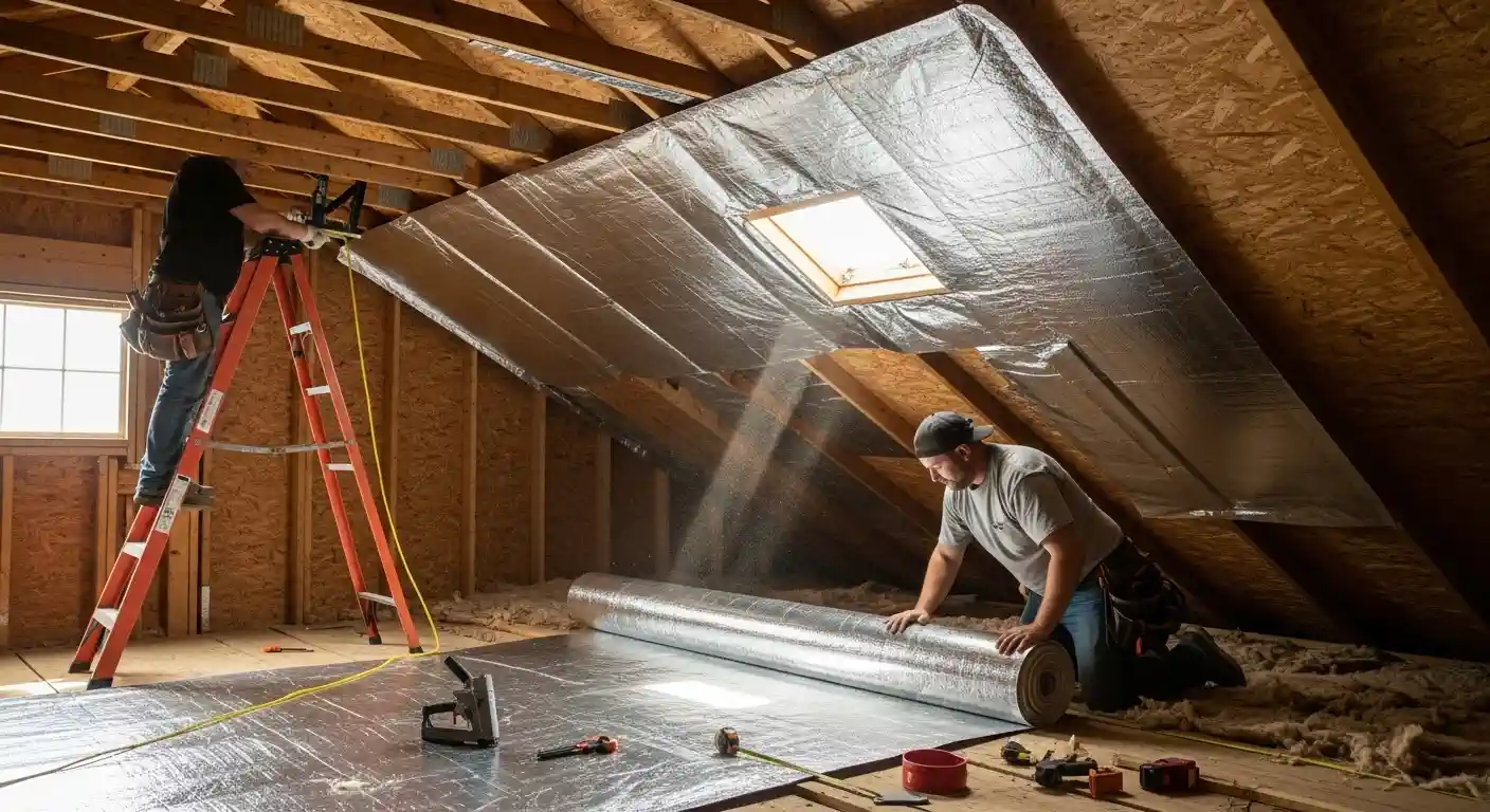 Two workers are installing a radiant barrier in a partially finished attic. One worker on a ladder is securing the reflective foil to the roof rafters, which covers a skylight. The second worker is kneeling on the floor, unrolling a large spool of the silver material. Loose insulation is visible, and tools are scattered on the wooden subfloor.