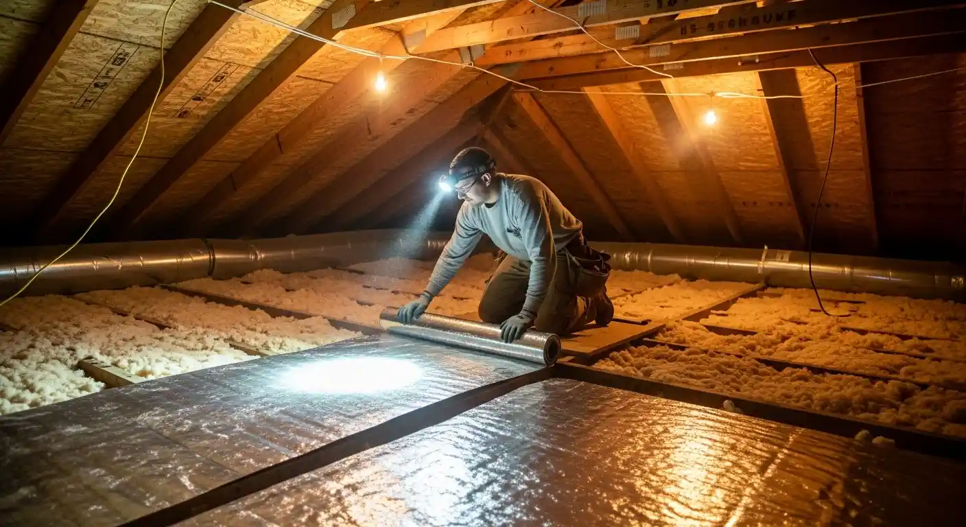 A single worker in a dimly lit attic is kneeling on the floor, unrolling a sheet of radiant barrier (reflective foil material) over the wooden catwalk.