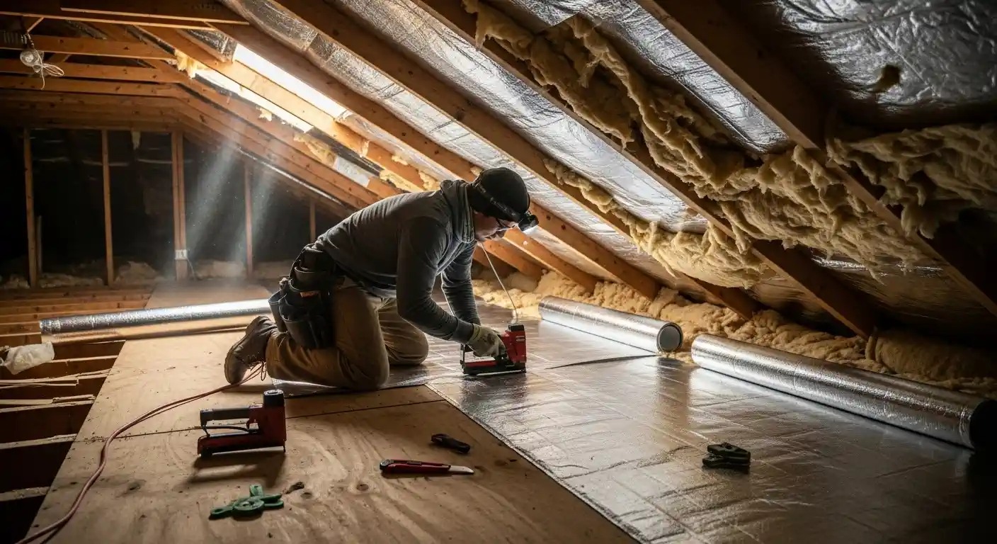 A construction worker, wearing a headlamp, is kneeling on a plywood floor in a dimly lit attic, installing a radiant barrier (reflective foil).