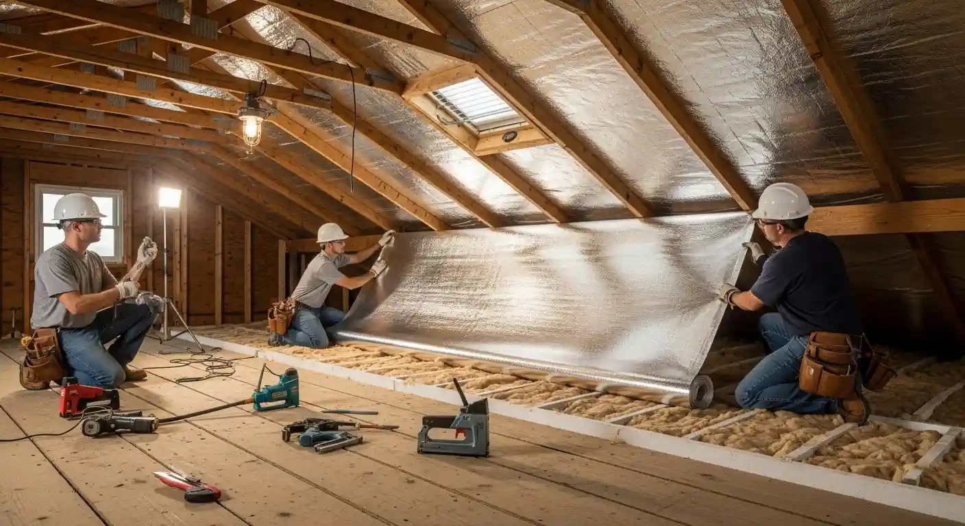 Three workers in hard hats install a radiant barrier in an attic, unrolling the reflective foil material along the sloped roof rafters. The installation takes place above existing fiberglass insulation on the floor, with various tools and a skylight visible in the brightly lit space.