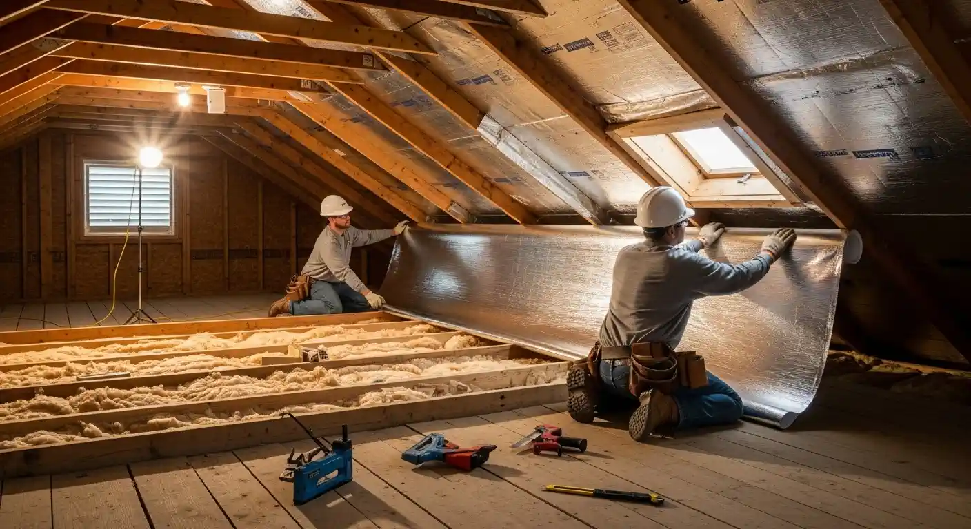  Two workers in hard hats install a radiant barrier in an attic, unrolling the reflective foil material onto the underside of the sloped roof rafters. 