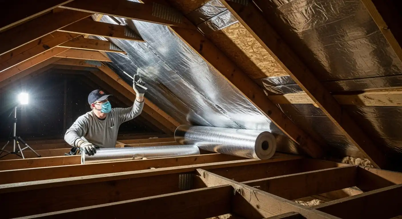 A masked worker installs a radiant barrier in an attic, rolling the reflective foil material onto the underside of the sloped roof rafters.