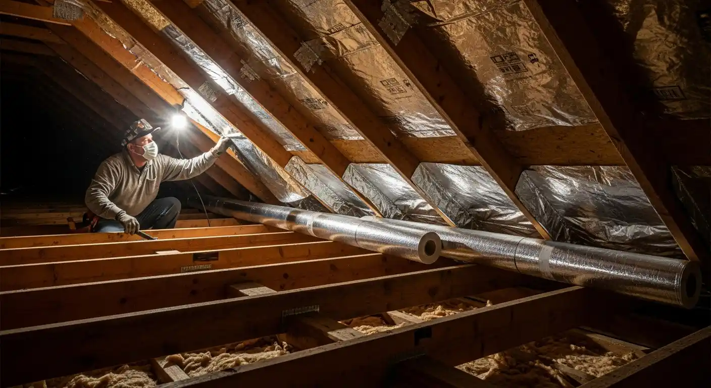 A worker, wearing a hard hat and face mask, is installing a radiant barrier in a dimly lit attic. He is securing the reflective foil material between the exposed wooden roof rafters, while rolls of the barrier material rest on the joists below.