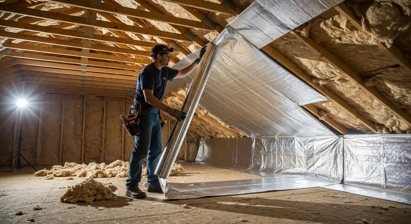 A male worker wearing a baseball cap and a tool belt is installing a radiant barrier in a spacious attic. He is pulling a large sheet of the reflective foil material onto the sloped roof rafters, with insulation visible in the walls and floor.