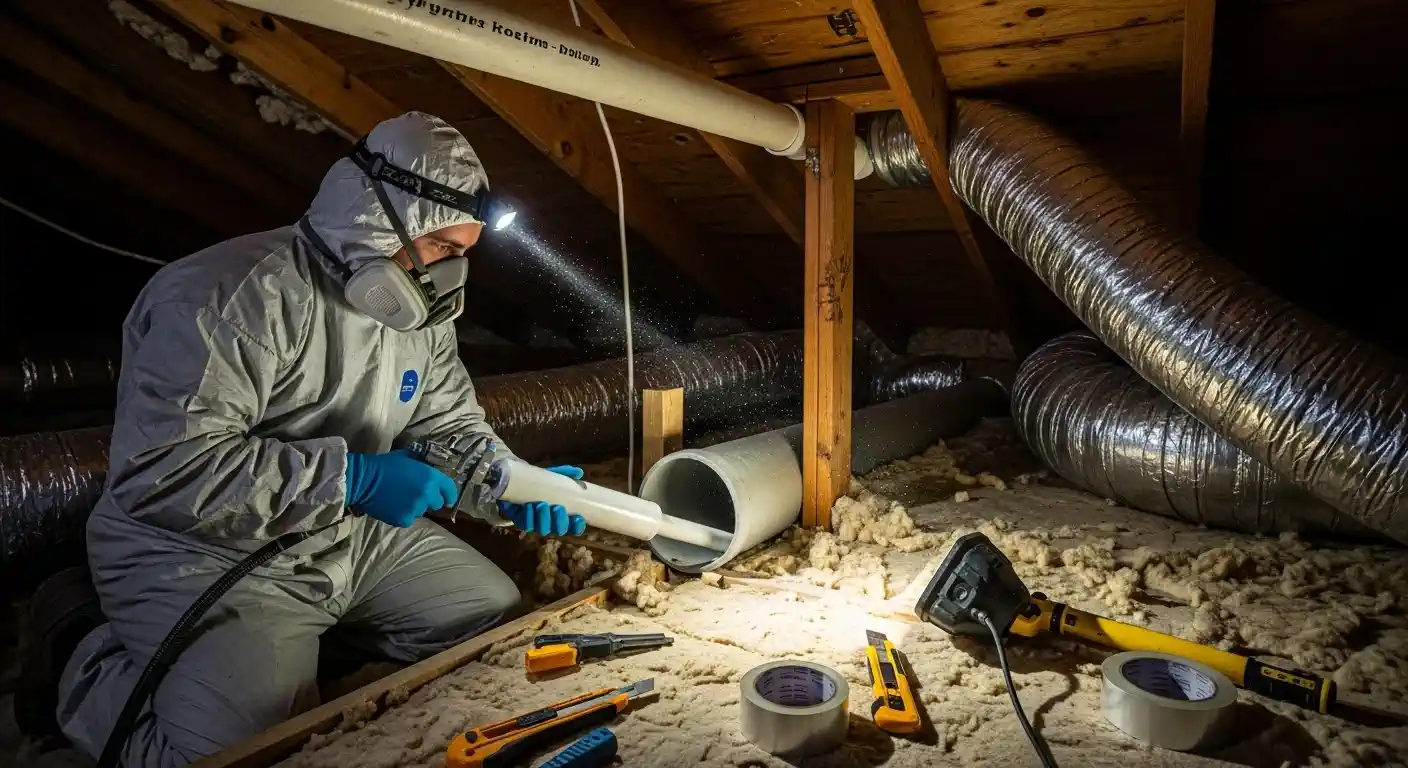 A person in a gray protective suit and respirator, wearing a headlamp, kneels in a dark attic to perform air sealing. They are applying foam or sealant with an applicator around a white pipe that passes through a wooden frame. The attic floor is covered with insulation, and HVAC ductwork is visible. Tools like utility knives, duct tape, and a work light are on the floor nearby. This image captures the difficult but important work of improving a home's energy efficiency.