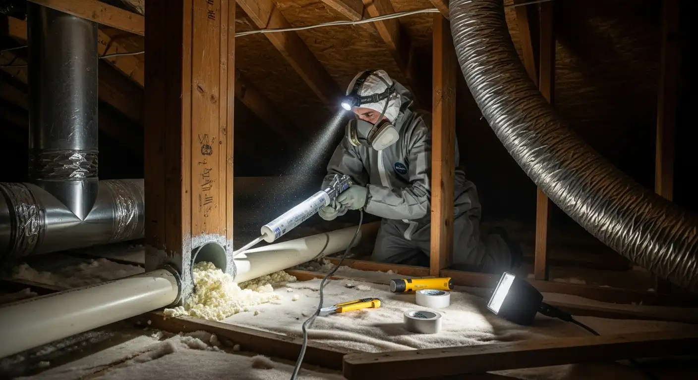 A person wearing a protective suit, respirator, and headlamp is kneeling in a dark attic to perform air sealing. They are actively applying expanding foam sealant from an applicator gun into the gap