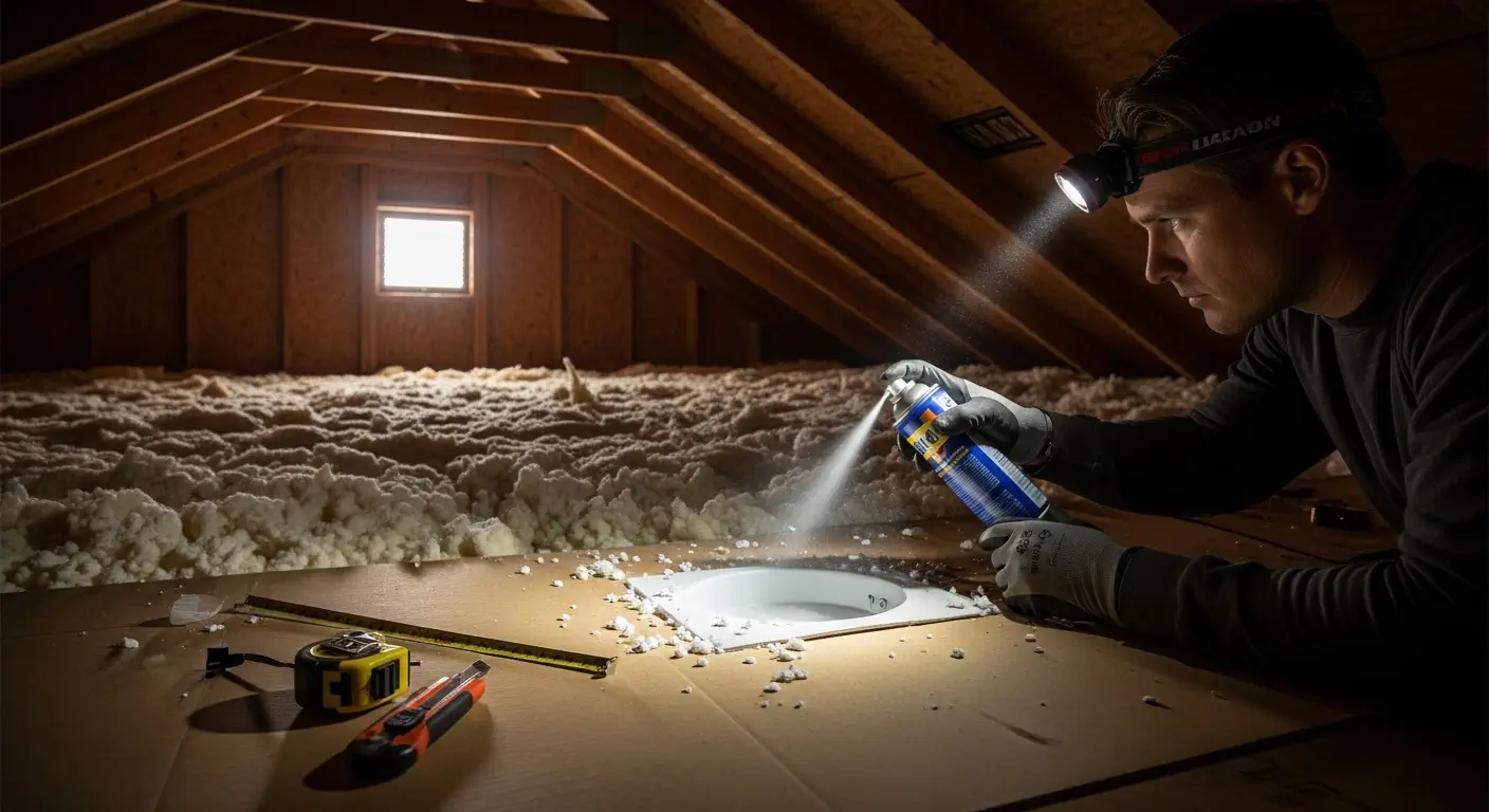 A worker, illuminated by a headlamp, is kneeling in a spacious, well-insulated attic with exposed wooden rafters. He is applying a sealant from an aerosol can to air-seal the gap around a circular ceiling penetration, likely for a light fixture. The attic floor is covered in a thick layer of batt insulation, and a small window is visible in the background. A tape measure and utility knife are laid out on the plywood floor in the foreground. This image illustrates a key step in whole-home air sealing for energy efficiency.