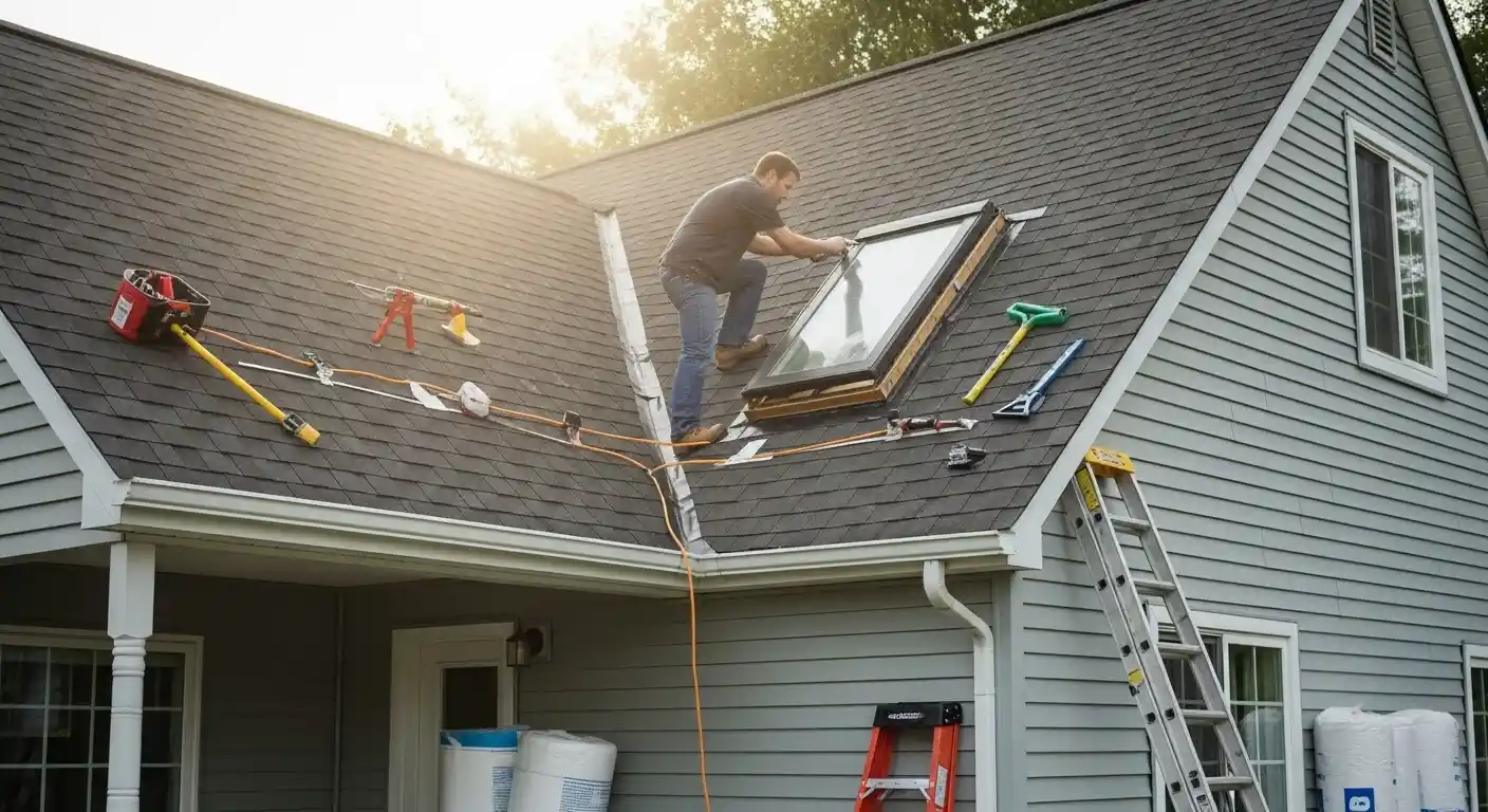 A contractor is working on the roof of a gray, two-story house with a prominent skylight installation. The worker, wearing a dark shirt and jeans, is perched near the skylight frame.