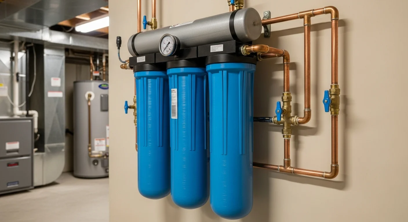 A three-stage whole-house water filtration system is installed on a wall in a basement. It features three large blue filter canisters connected by a grey horizontal manifold with a pressure gauge.